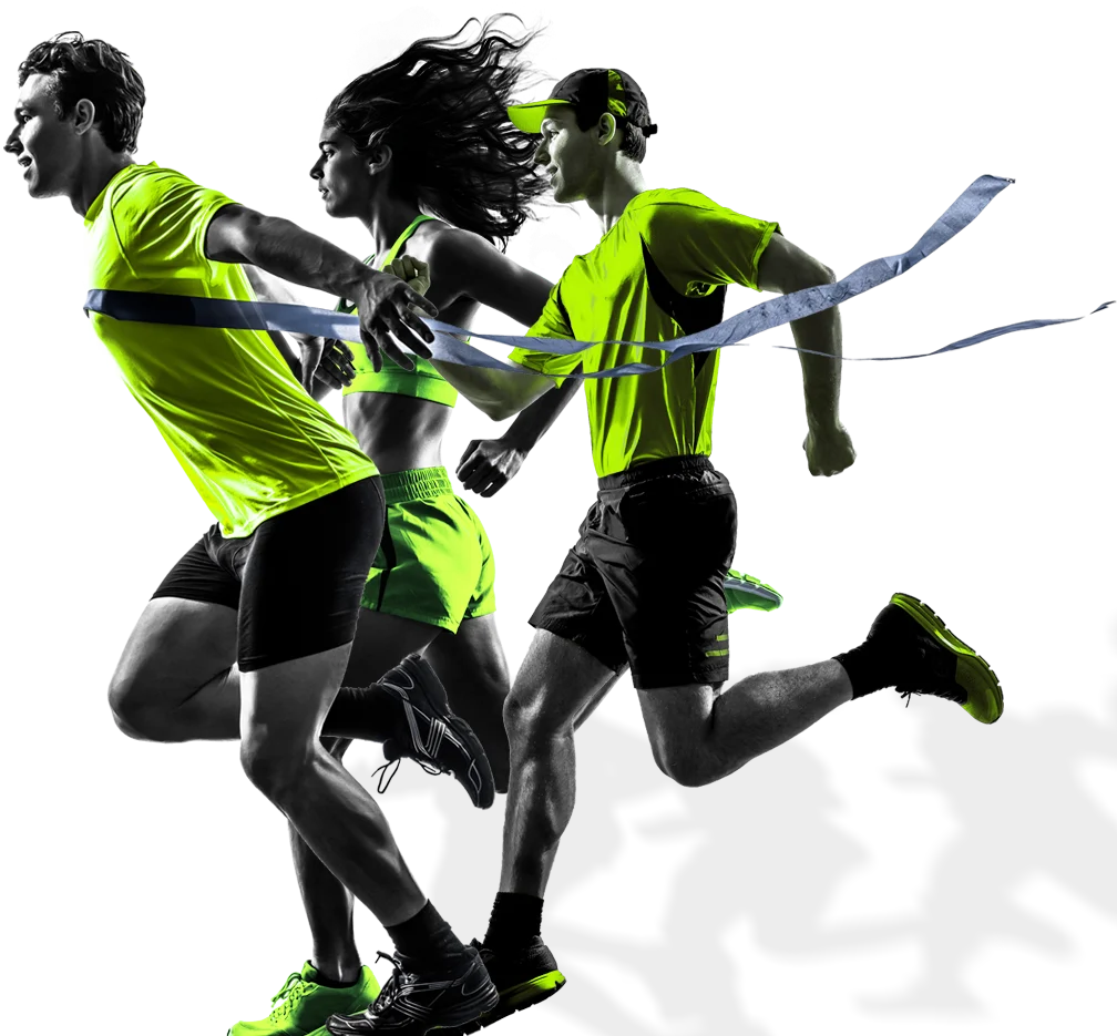 Three runners in vivid green sportswear crossing a finish line